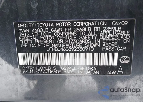 2009 Lexus Es 350 z USA, uszkodzony, nr VIN JTHBJ46G892330910